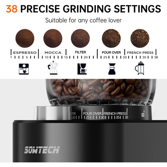 SOWTECH Anti-static Conical Burr Coffee Grinder, Adjustable Burr Mill - Picture 6 of 8